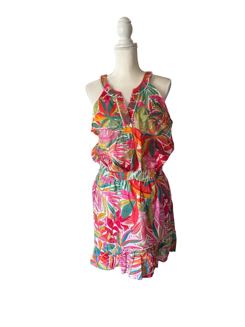 C&C California Sleeveless teo piece set with Pink, Green, Orange Tropical Print